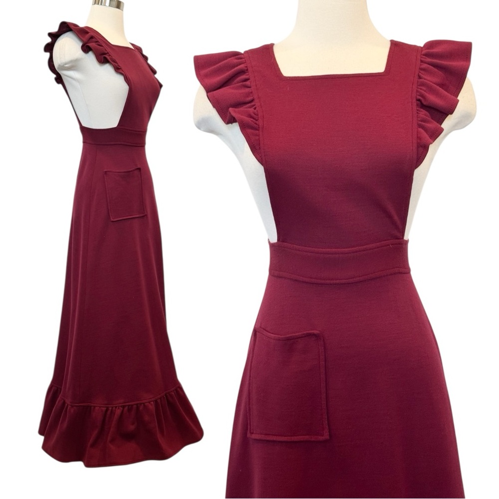Vintage 70s Corky Craig Stretch Knit Milkmaid Prairie Pinafore Apron Maxi Dress - Picture 1 of 9
